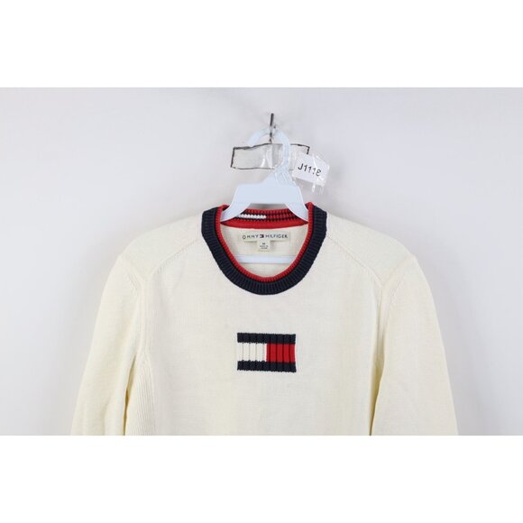 Vintage 90s Y2K Tommy Hilfiger Womens M Babydoll Center Logo Knit Sweater Cream - Picture 2 of 13